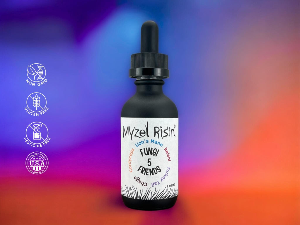 Bottle of Myzel Risin' functional mushroom blend. Gluten Free, Non-GMO, Pesticide Free, and made in the midwest, USA.
