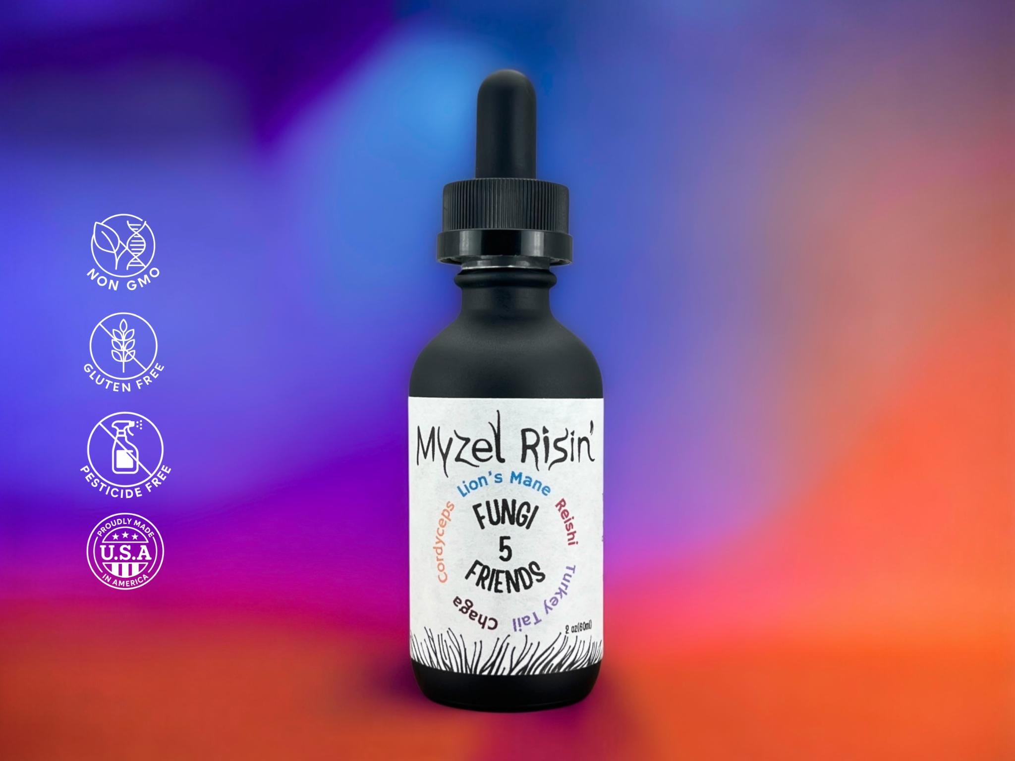 Bottle of Myzel Risin' functional mushroom blend. Gluten Free, Non-GMO, Pesticide Free, and made in the midwest, USA.